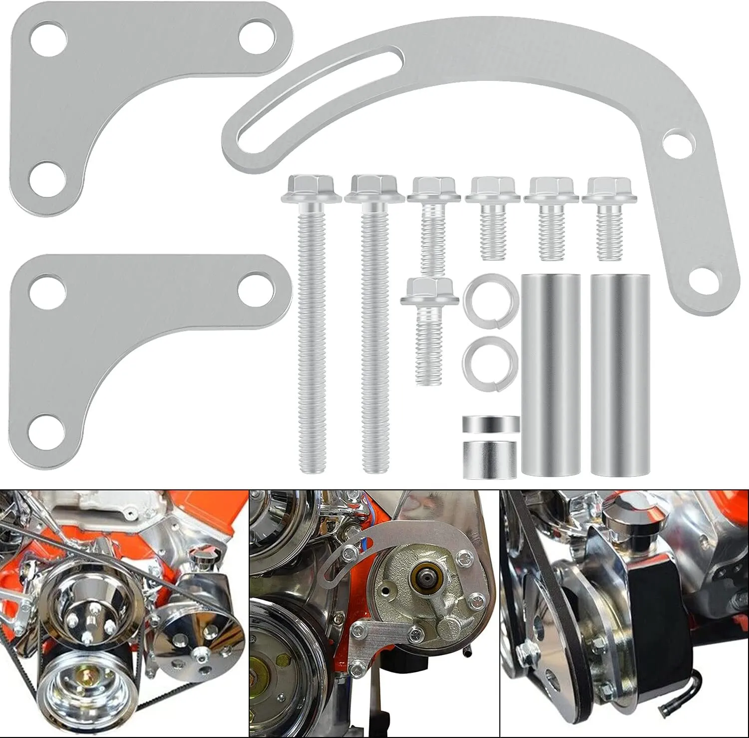 1706256377275 Compatible With 350 Small Block Chevy Long Water Pump SBC Power Steering Pump Bracket 350 V-Belt Slotted Adjustable LWP 305 327 383 5.0L 5.7L V8 - الصورة 1