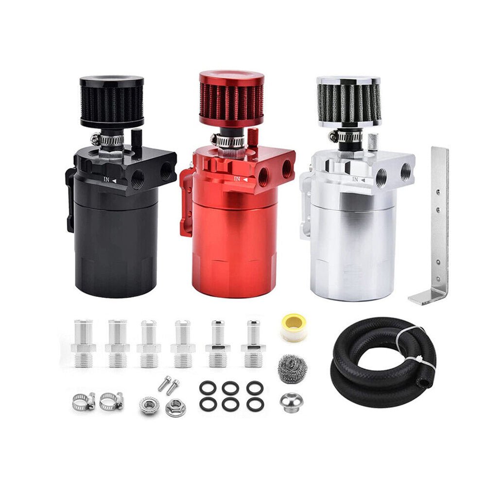 Reservoir_Oil_Separator_Tank Upgraded Baffled Oil Catch Can with Breather Filter Kit Aluminum Oil Reservoir Tank with 3/8" Strengthened NBR Fuel Line - Image 1